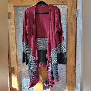 3x Maroon/gray/white cardigan sweater. Duster hem.